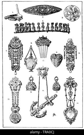 1st Egyptian diadem, gold incrusted with stones and glass rivers, showing the badge of King Amesis. 2nd Greek headdress made of sheet gold. Found in Mycenae. (Flower). 3rd Greek gold plate. Garment decoration from Mycenae. (Flower). 4th Greek gold diadem. Found by Kertsch. Hermitage in St Petersburg. (Handicrafts). 5. smelling bottle as pendant. Renaissance. 6. baroque smelling vials. 7-8th French Chatelaines from the 18th century (Racinet). 9th - 10th Petschafte from the Baroque period. Karlsruhe Exhibition 1881. 11th Silver Anchor-shaped Needlebox as a Pendant. Privately owned in Karlsruhe. Stock Photo