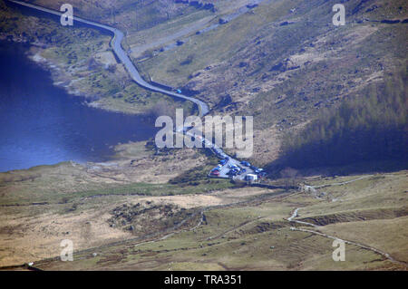 Zoomed in on Haweswater Reservoir and the Car Park at Mardale Head from the Wainwright Mardale Ill Bell in the Lake District National Park, Cumbria. Stock Photo