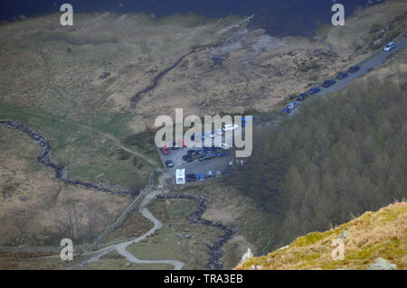 Zoomed in on Haweswater Reservoir and the Car Park at Mardale Head from the Wainwright Little Hart Fell in the Lake District National Park, Cumbria. Stock Photo