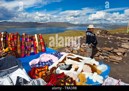 Selling handcrafts at high altitude,Andes,Peru Stock Photo