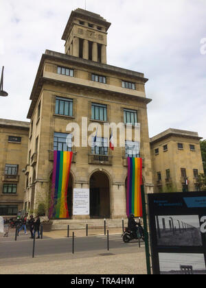 Montreuil, France, Paris Suburbs, CIty Hall Building with large LGBT Gay Rainbow Flag on Display for IDAHOT Day Stock Photo