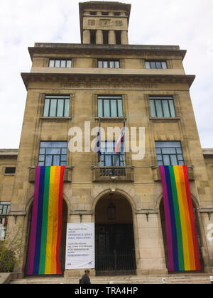 Montreuil, France, Paris Suburbs, CIty Hall Building with large LGBT Gay Rainbow Flag on Display for IDAHOT Day Stock Photo