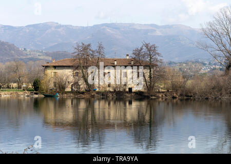 Cycleway along the Adda river near Imbersago and Brivio (Lombardy, Italy) at winter Stock Photo