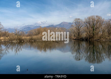 Cycleway along the Adda river near Imbersago and Brivio (Lombardy, Italy) at winter Stock Photo