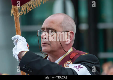 Glasgow, Scotland, UK. 1st June, 2019. Members taking part in the City of Glasgow Campsie Branch Club Apprentice Boys of Derry         Procession through the streets of the city from Holland Street to Glasgow Green including the laying of wreaths at the Cenotaph in George Square. Credit: Skully/Alamy Live News Stock Photo