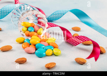 Almond candy; Sugared Almonds on white background. Stock Photo
