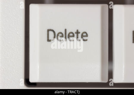 Delete button key of a PC computer keyboard. White keyboard. Close up shot. Stock Photo