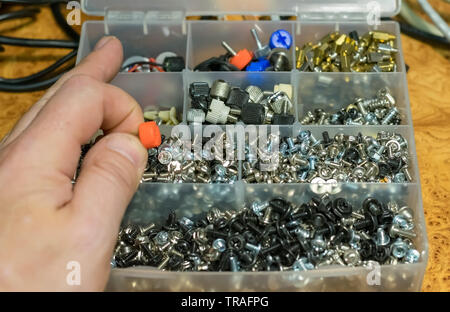 man hand and a set of different bolts, nuts for a computer in a box, sorted by cells Stock Photo
