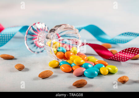 Almond candy; Sugared Almonds on white background. Stock Photo