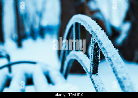 metal fence in hoarfrost on a blurred background. Stock Photo