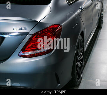 Sankt-Petersburg, Russia, January 12, 2018: Back view of a Mercedes Benz C 43 AMG 4Matic 2018. Exhaust system. Car exterior details. Stock Photo