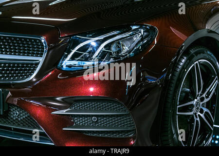 Sankt-Petersburg, Russia, January 12, 2018: Front view of a Mercedes Benz E 400 AMG 4Matic Coupe 2018. Car exterior details. Stock Photo