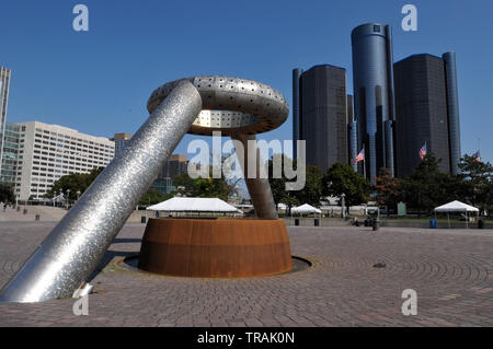 The  Horace E. Dodge and Son Memorial Fountain in Detroit's riverfront Hart Plaza, with General Motors' landmark Renaissance Center in the background. Stock Photo