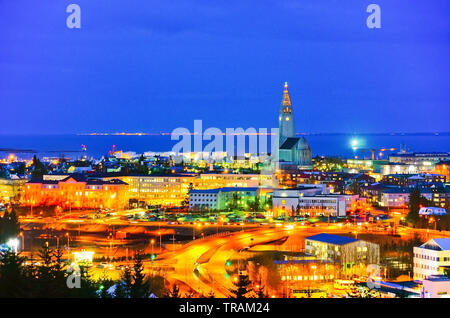 View of the city center in Reykjavik at night.