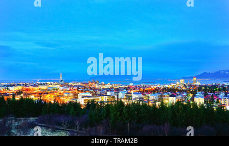 View of the city center in Reykjavik at night.