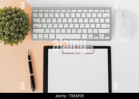 Directly above shot of office desk with potted plant, computer keyboard and mouse, clipboard and pen on multicolored background. Stock Photo