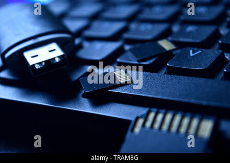 dongle and memory card on keyboard, storage drive, memory card Stock Photo