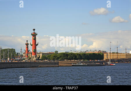 Rostral Columns at Spit of Vasilyevsky (Basil) island in Saint Petersburg. Russia Stock Photo
