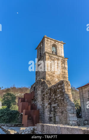 Tarouca / Portugal - 03 15 2018: View of historic building in ruins, convent of St. Joao of Tarouca, detail of tower sineria of the convent of cister Stock Photo