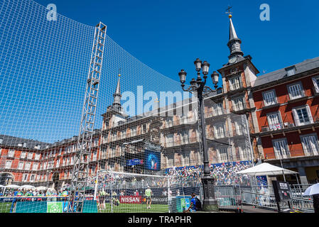 Madrid, Spain - June 1, 2019: Football field in Plaza Mayor prior to the UEFA Champions League Final match between Tottenham Hotspur and Liverpool at Stock Photo