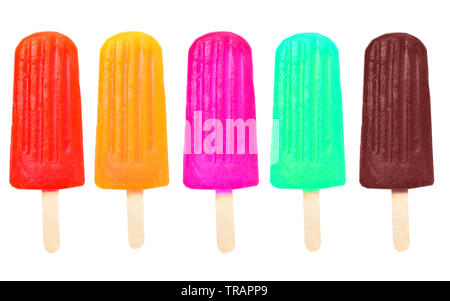 Ice lollys collection - rainbow colored fruity set of five frozen popsicles clipping path  isolated on white background. Stock Photo