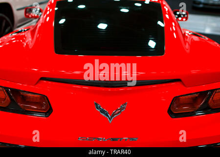 Sankt-Petersburg, Russia, July 21, 2017: Back view of a red Chevrolet Corvette Z06. Car exterior details. Stock Photo