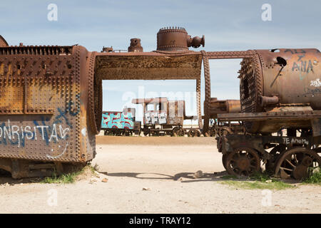 Rusted trains in the train cemetery in Uyuni, Bolivia Stock Photo