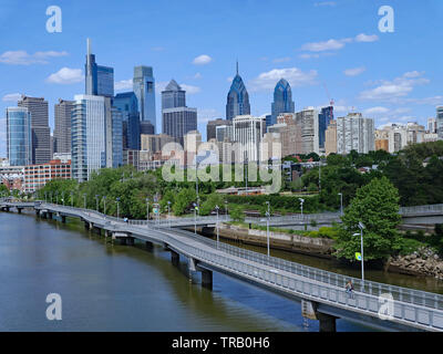 Philadelphia skyline in 2019 with recreational boardwalk along the Schuylkill River, known as the Schuylkill Banks Stock Photo