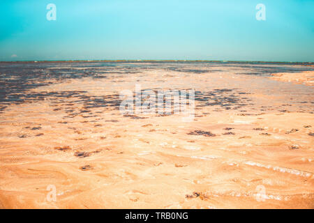 sand ridges and ripples on beach with blue water in Paraiba, Brazil - Areia vermelha Stock Photo