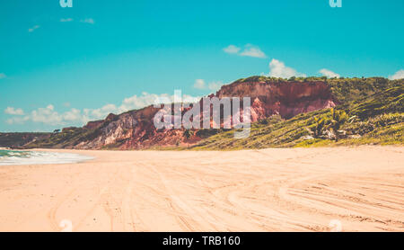 Leading sand tracks tyre trail on a beach in Conde,Paraiba, Brazil Stock Photo