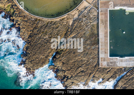 Aerial view of Newcastle Ocean Baths and the 'canoe pool'. Located in Newcastle these ocean baths are a popular landmark in the Harbour City. Newcastl Stock Photo