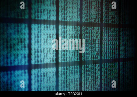 computer monitor displaying binary code. block of data on computer led panel screen. Blockchain, password, personal information, privacy and data tran Stock Photo