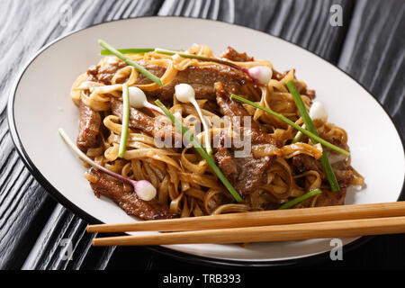 Beef Chow Fun a staple Cantonese dish, made from stir-frying beef, wide rice noodles and vegetables closeup on the plate on the wooden table. Horizont Stock Photo