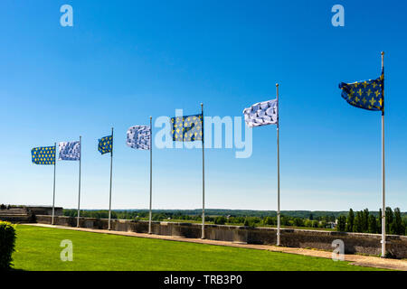 Flags of french king and Anne de Bretagne, Amboise chateau, Loire Valley, Indre-et-Loire Departement, Centre-Val de Loire Stock Photo
