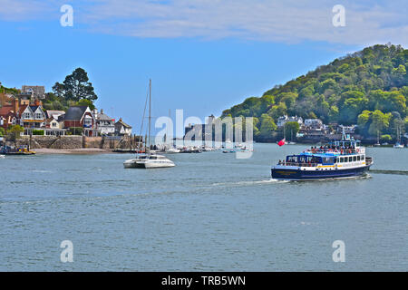 The pleasureboat 'Cardiff Castle' operated by Dartmouth Riverboats, heads from Dartmouth towards the open sea for a cruise up & down the river Dart. Stock Photo