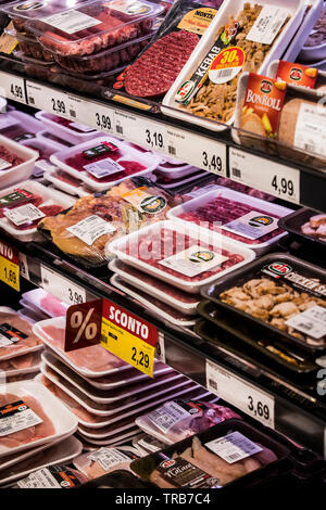 MILAN, ITALY - 2 JUNE, 2018: Grocery shelves interior of the popular in Italy grocery Penny Market Express. Stock Photo