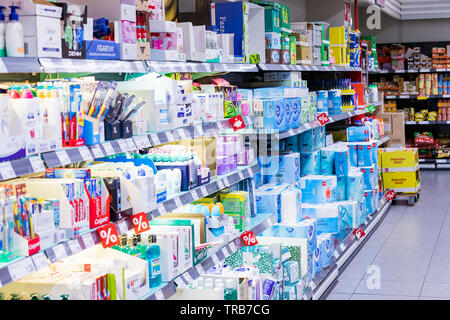 MILAN, ITALY - 2 JUNE, 2018: Grocery shelves interior of the popular in Italy grocery Penny Market Express. Stock Photo