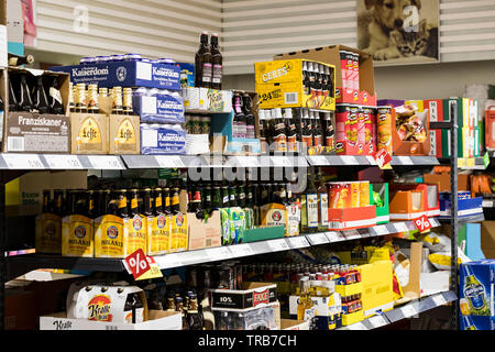 MILAN, ITALY - 2 JUNE, 2018: Grocery shelves interior of the popular in Italy grocery Penny Market Express. Stock Photo