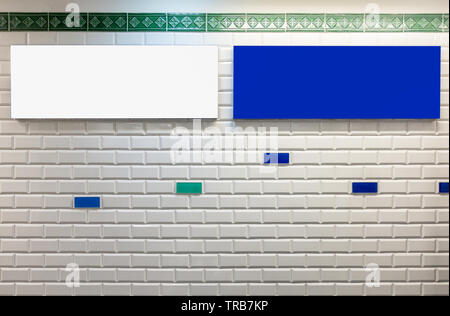 Blank billboard on brick white brick wall background Stock Photo