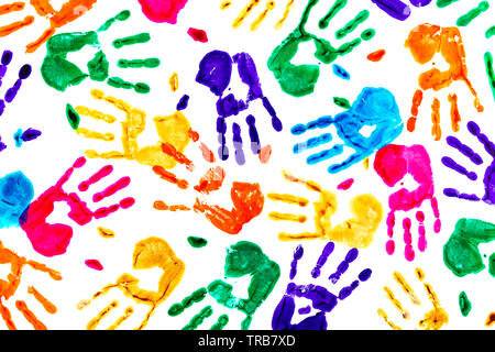 Abstract background made from colored handprints.  Multicolor background for  design. Isolated on white. Stock Photo