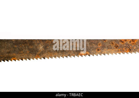 Old rusty sheet of handsaw on white background. Stock Photo
