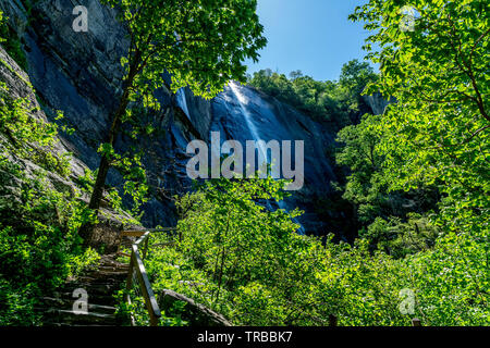 The 404 foot Hickory Nut Falls in Chimney Rock State Park, North Carolina. Stock Photo