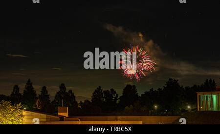 Summer fireworks in night sky, Lake Shibayama, Ishikawa prefecture, Japan.