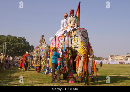 Decorated elephants and mahouts parade at the annual elephant festival in Jaipur, capital of Rajasthan. Stock Photo