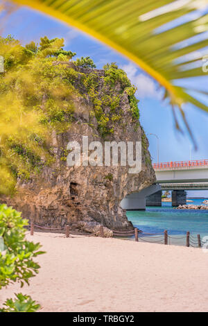 palm tree on the sandy beach Naminoue topped by a huge rock with a Shinto Shrine at the top of a cliff and a highway passing in Naha City in Okinawa P Stock Photo