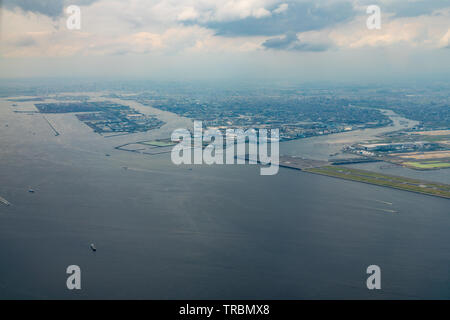 Aerial view of Tokyo Bay around the Haneda International Airport in Tokyo, Japan. Stock Photo