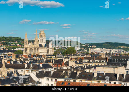 Panoramic view of Rouen old city from Gros-Horloge or Clock Tower with cathedral and black rooftops, Normandy, France in sunny day Stock Photo