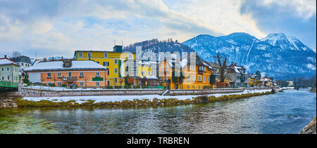 The scenic colorful mansions on the bank of Traun river in old Bad Ischl, Salzkammergut, Austria Stock Photo