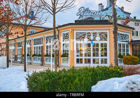 BAD ISCHL, AUSTRIA - FEBRUARY 20, 2019: The facade of famous Zauner restaurant, located in Esplanade embankment, on February 20 in Bad Ischl Stock Photo