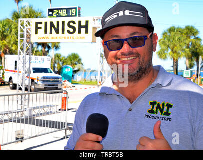 Melbourne Beach, Florida, USA. June 2, 2019 Founded in 1985 this year marks the 34th year of the Rotary Pineapple Man Triathlon.  It is the oldest USA Triathlon (USAT) sanctioned triathlon in the State of Florida. This year the number athletes was limited to around three hundred as the race has grown over the years and overwhelmed the local community. Racers completed a 0.34 mile swim in the Indian River, 15.4 miles bike ride and run the final leg of 03.4 through local streets. Photo Credit Julian Leek / Alamy Live News Stock Photo